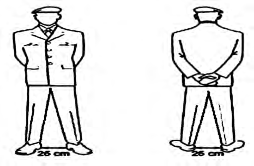 Stand at ease from the front and from behind: the feet about 26 cm apart and the hands joined behind the back.