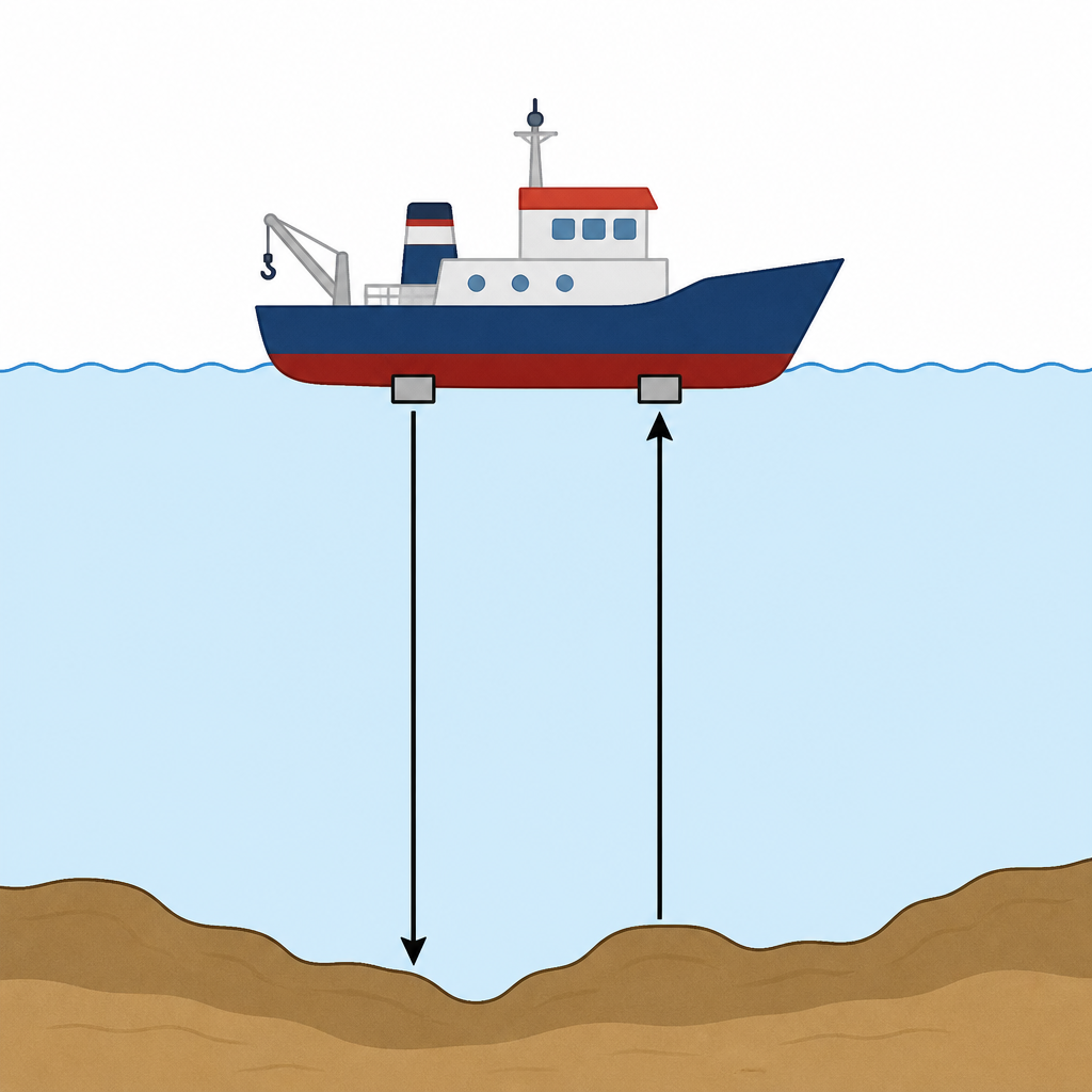 The path of a wave sent down from the surface, reflected by the sea bed and returning to the receiver.