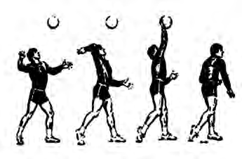 Overhead service: the ball is tossed above the head, the arm is drawn back, the ball is struck with the arm stretched high, and the body follows through.