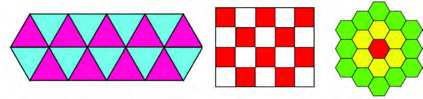 Equilateral triangles, squares and regular hexagons, each covering a surface on its own.