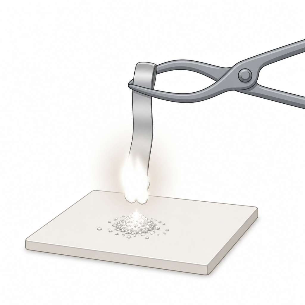 Magnesium ribbon held in tongs burns with a bright white light and turns into white magnesium oxide.