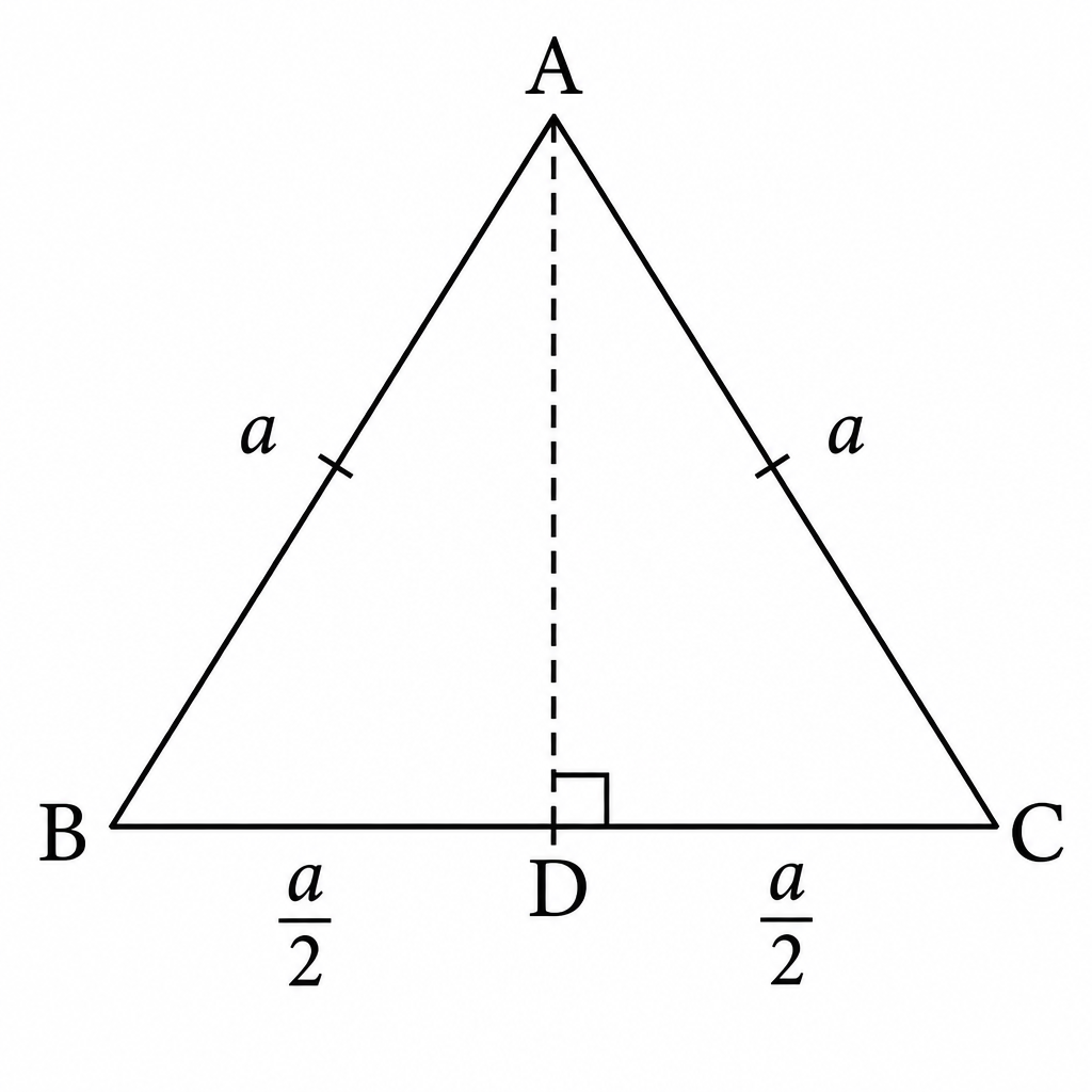 In an equilateral triangle the perpendicular from the vertex cuts the base into two equal halves, and that is what makes the height possible to calculate.
