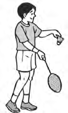 A player ready to serve, with the shuttlecock in one hand and the racket in the other.