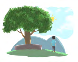 A boy stands quietly under a big tree, calm inside himself while the sky above him keeps changing.