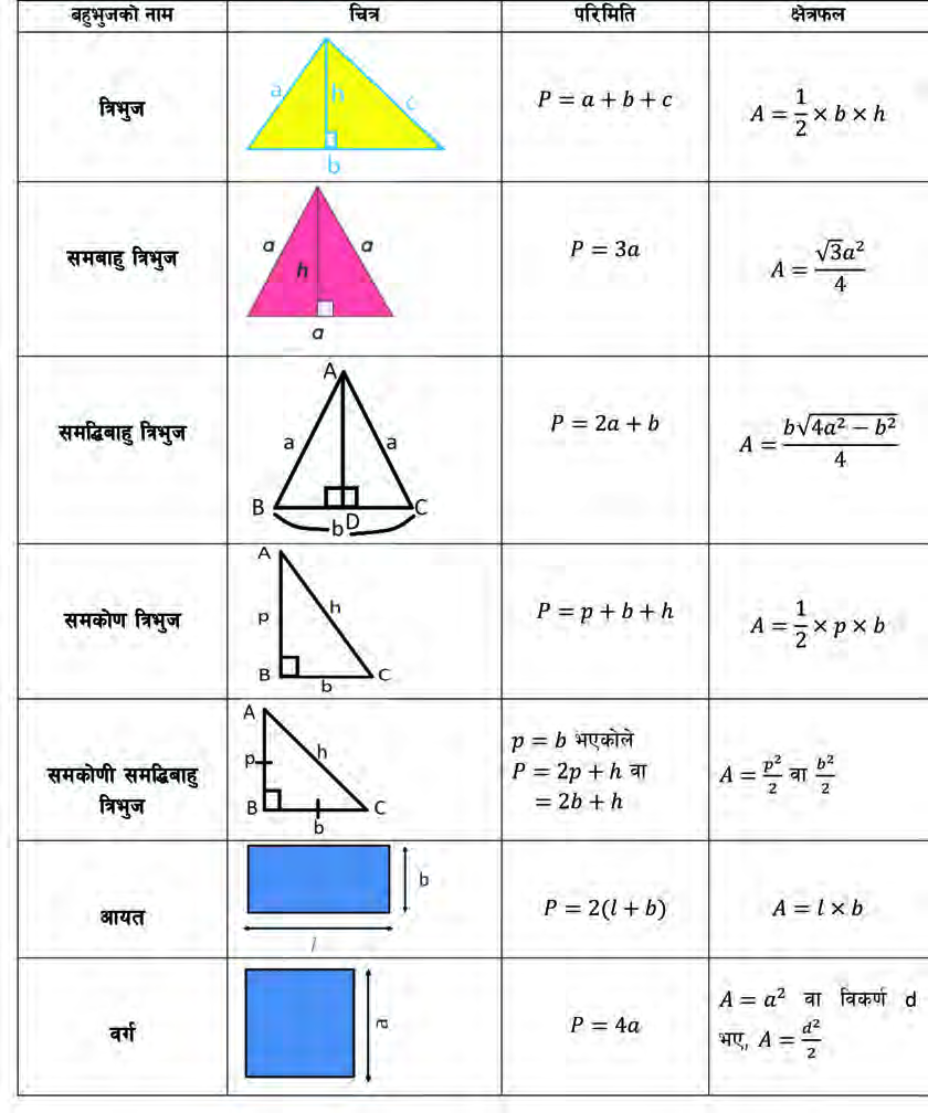 The perimeter and area rules for the triangles, the rectangle and the square, each beside a drawing showing which measurement is which.