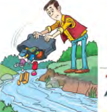 Picture a: a man tips a bag of rubbish into a river.
