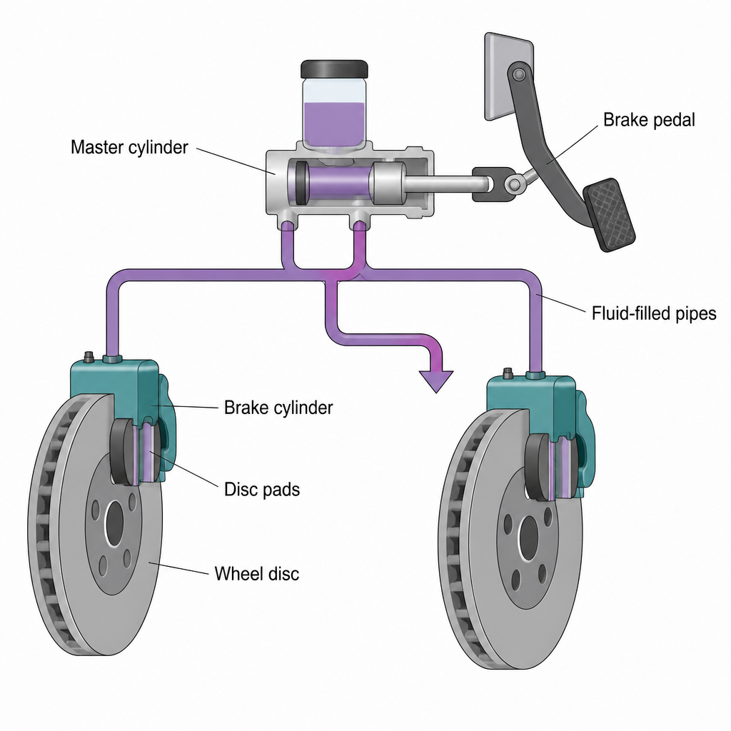 Hydraulic brake of a four-wheeled vehicle: the pedal works the master cylinder, and pipes of brake oil carry the pressure to every wheel.