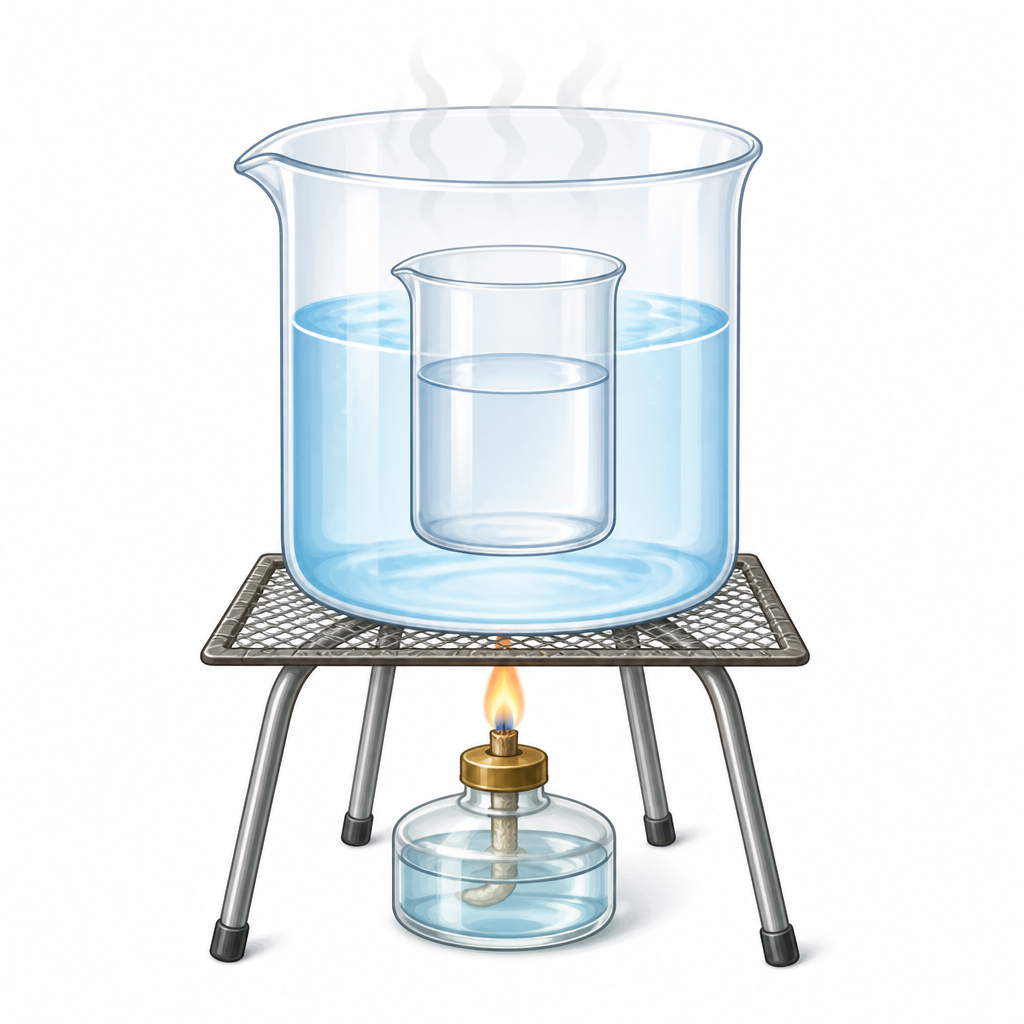 A water bath: the small beaker of alcohol stands inside a large beaker of water, and the flame heats only the water.