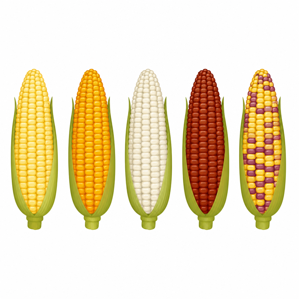 Cobs of one maize species with grains of different colours, which is how genetic diversity becomes visible.