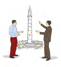 Two men talk beside a tall tower. A question you could ask here: When was this tower built?