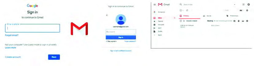 Signing in: first the email ID, then the password, and finally the Gmail window that opens.
