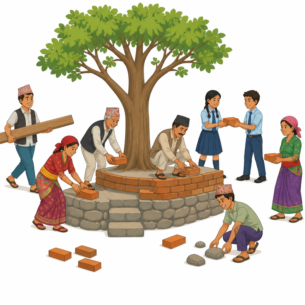 गाउँका मानिस मिलेर चौतारो बनाइरहेको दृश्य, जहाँ सबै समुदायको श्रम एकै ठाउँमा जुटेको देखिन्छ ।