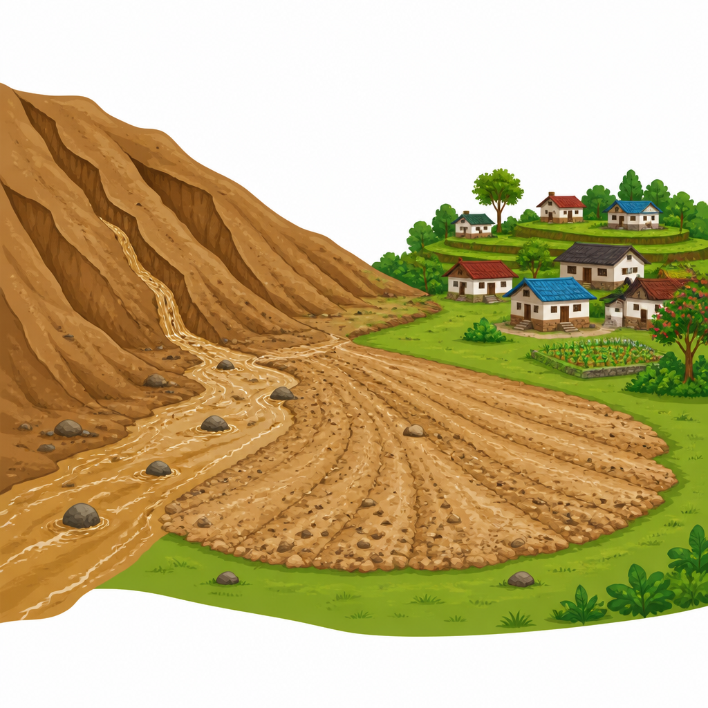 Soil washed off a bare slope piling up on the flat ground below, showing erosion and deposition happening together