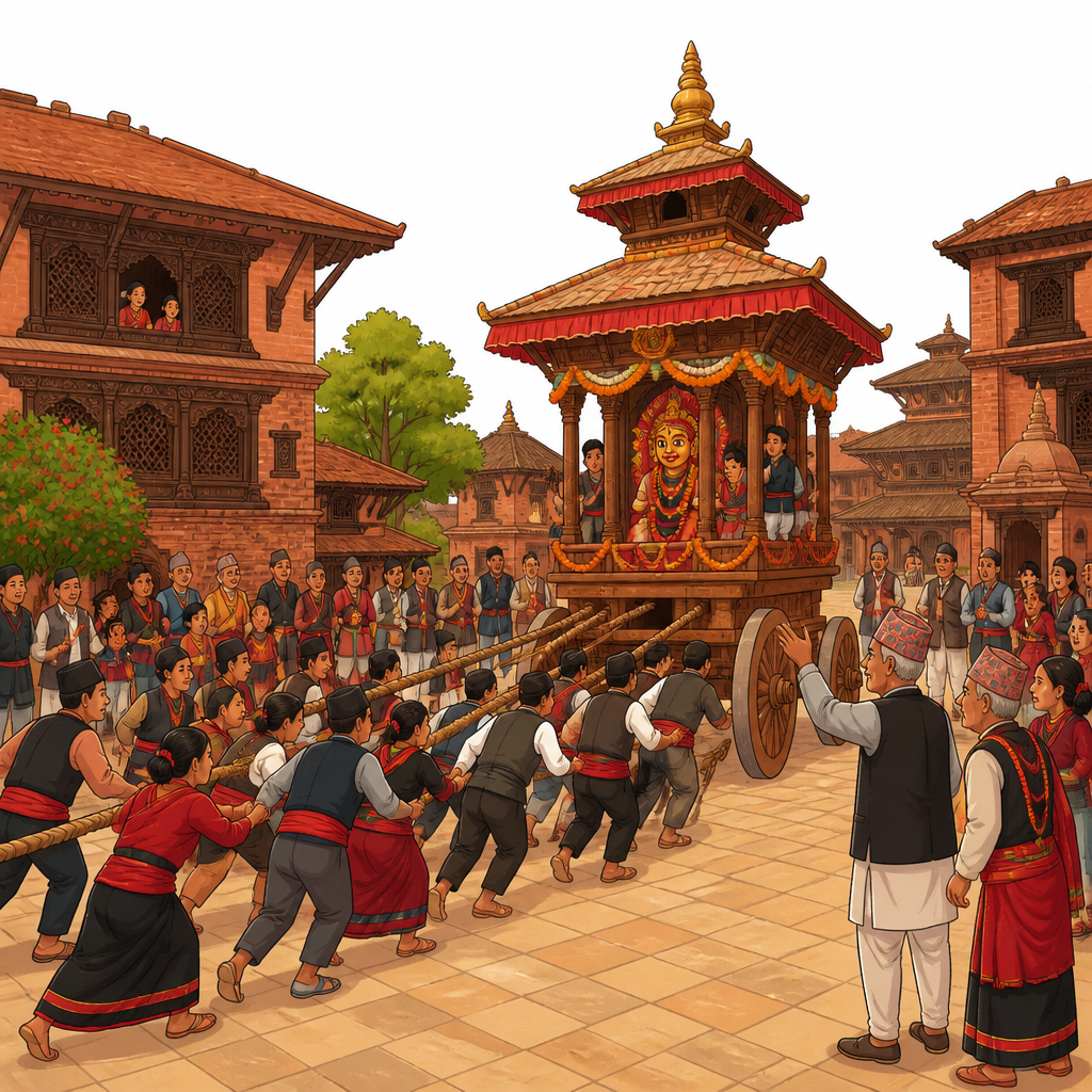गुठीले जात्रा सञ्चालन गर्दा समुदायका सदस्य कसरी मिलेर रथ तान्छन् र व्यवस्थापन सम्हाल्छन् भन्ने देखिन्छ।