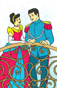 A prince and a princess talk together on a balcony.