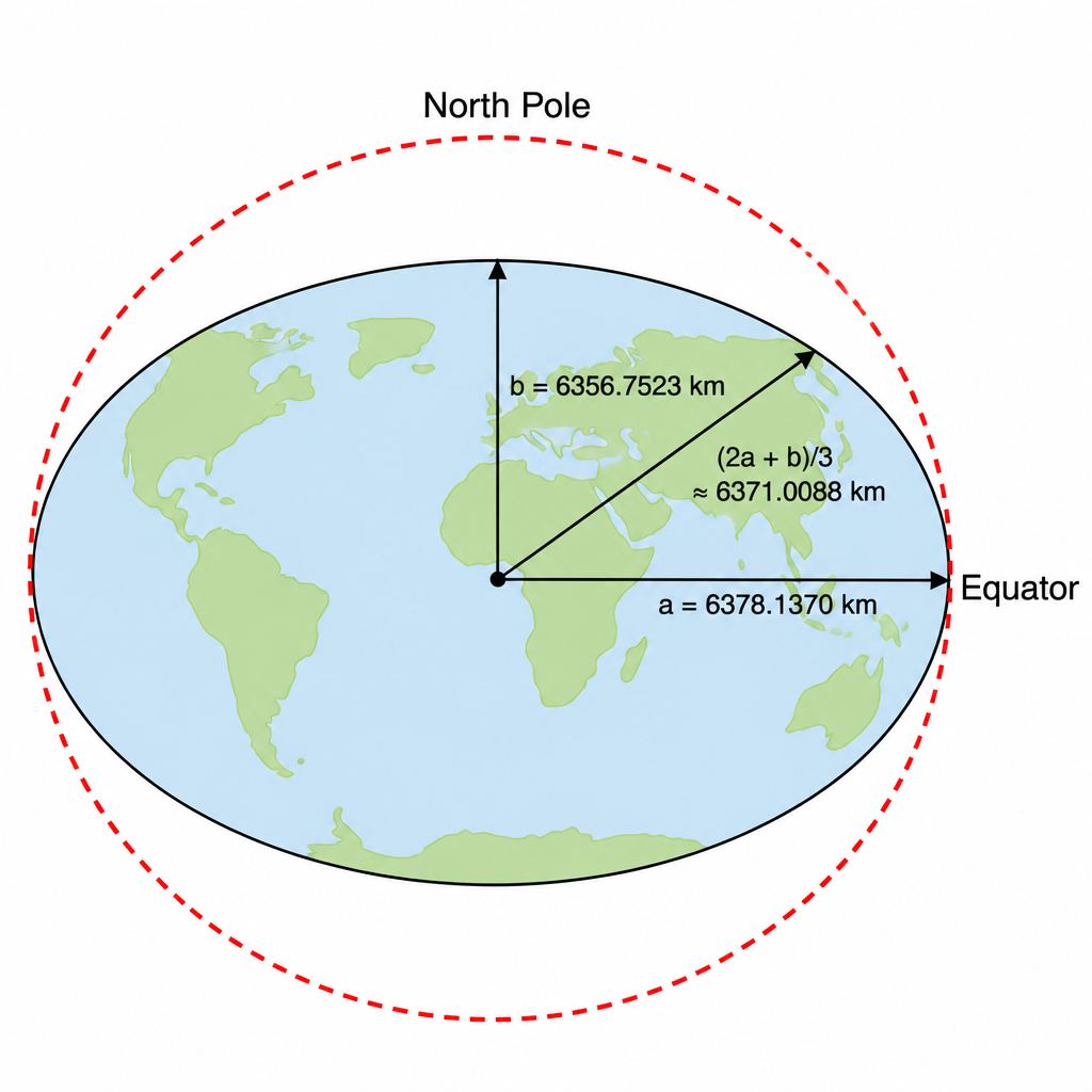 Earth's radius: about 6378 km to the equator and about 6357 km to the poles, with an average of about 6371 km. The flattening is exaggerated so that it can be seen.