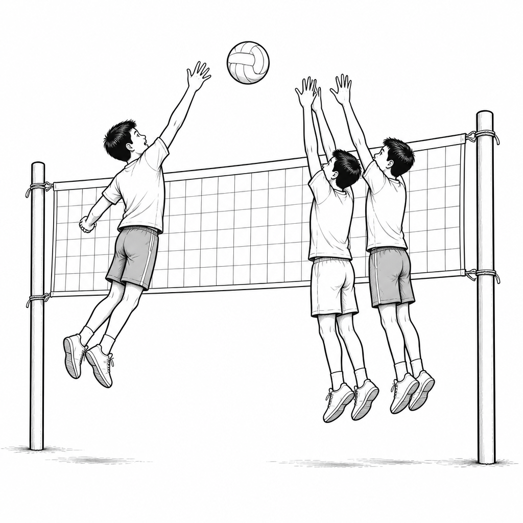 On one side of the net a player jumps and spikes the ball; on the other side two players jump with both hands above the net to block it.