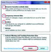 Deleting browsing history: the items to remove are ticked, then 'Delete' is clicked.