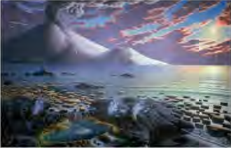 The surface of the very early earth: bare rock, shallow water and heavy cloud, with no life anywhere that an eye could see.