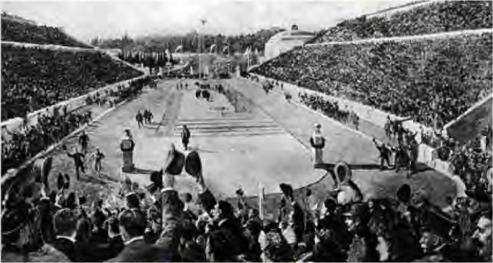 Crowds pack a stadium when the Olympic Games are brought back to life in modern times.