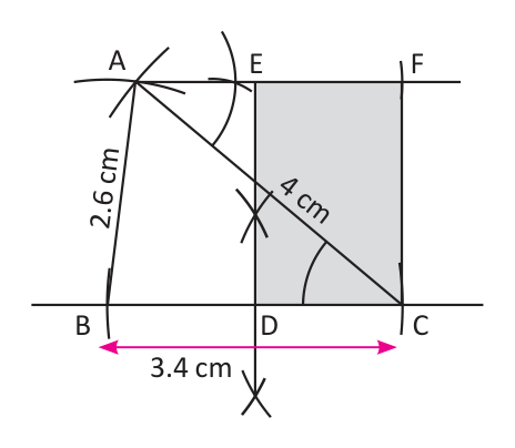 Completed construction: D is the midpoint of BC, DE and CF are perpendicular to BC, and the shaded rectangle CDEF has the same area as triangle ABC.