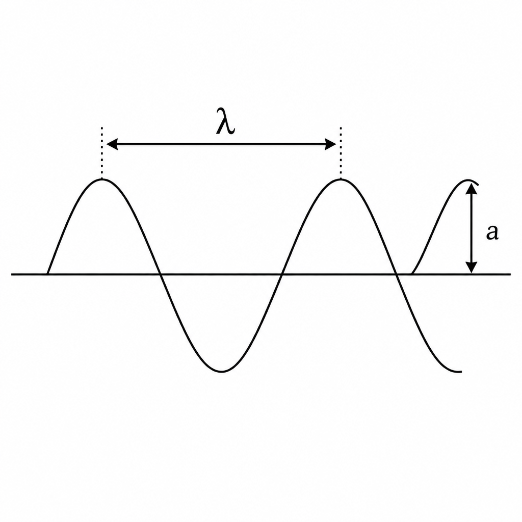 One complete wave and the height of its crest above the resting line are the two lengths measured on this picture.