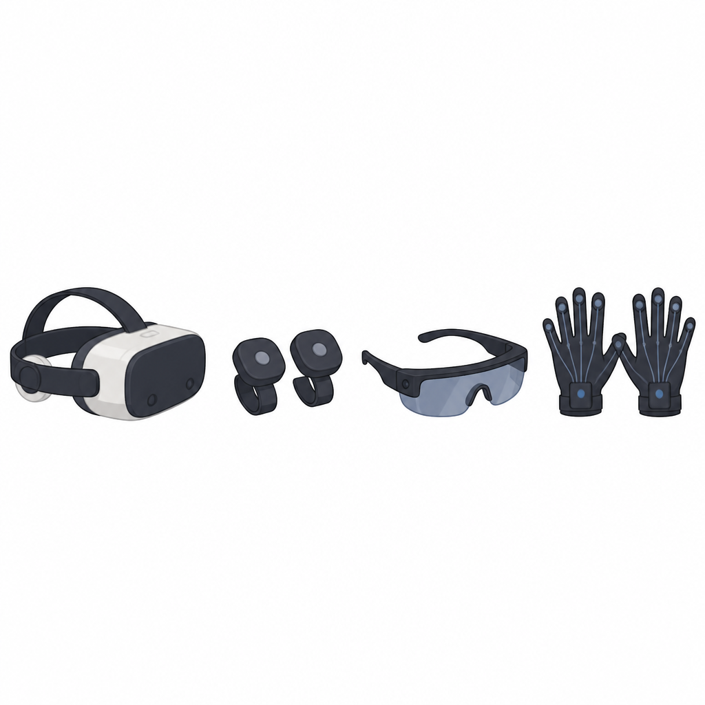 The special equipment virtual reality needs: a helmet or headset, sensors, glasses and gloves.