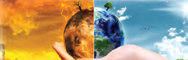 One Earth held in two hands, half burning and half green: the choice between a damaged climate and a healthy planet.