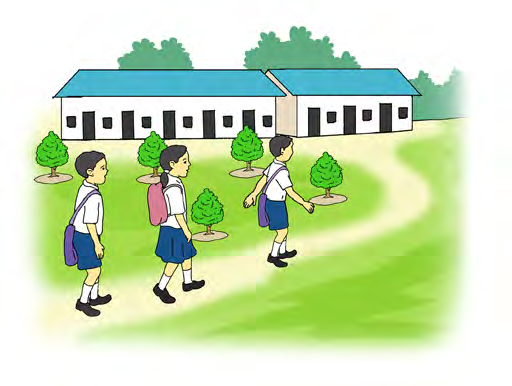Students walk to school carrying their bags.