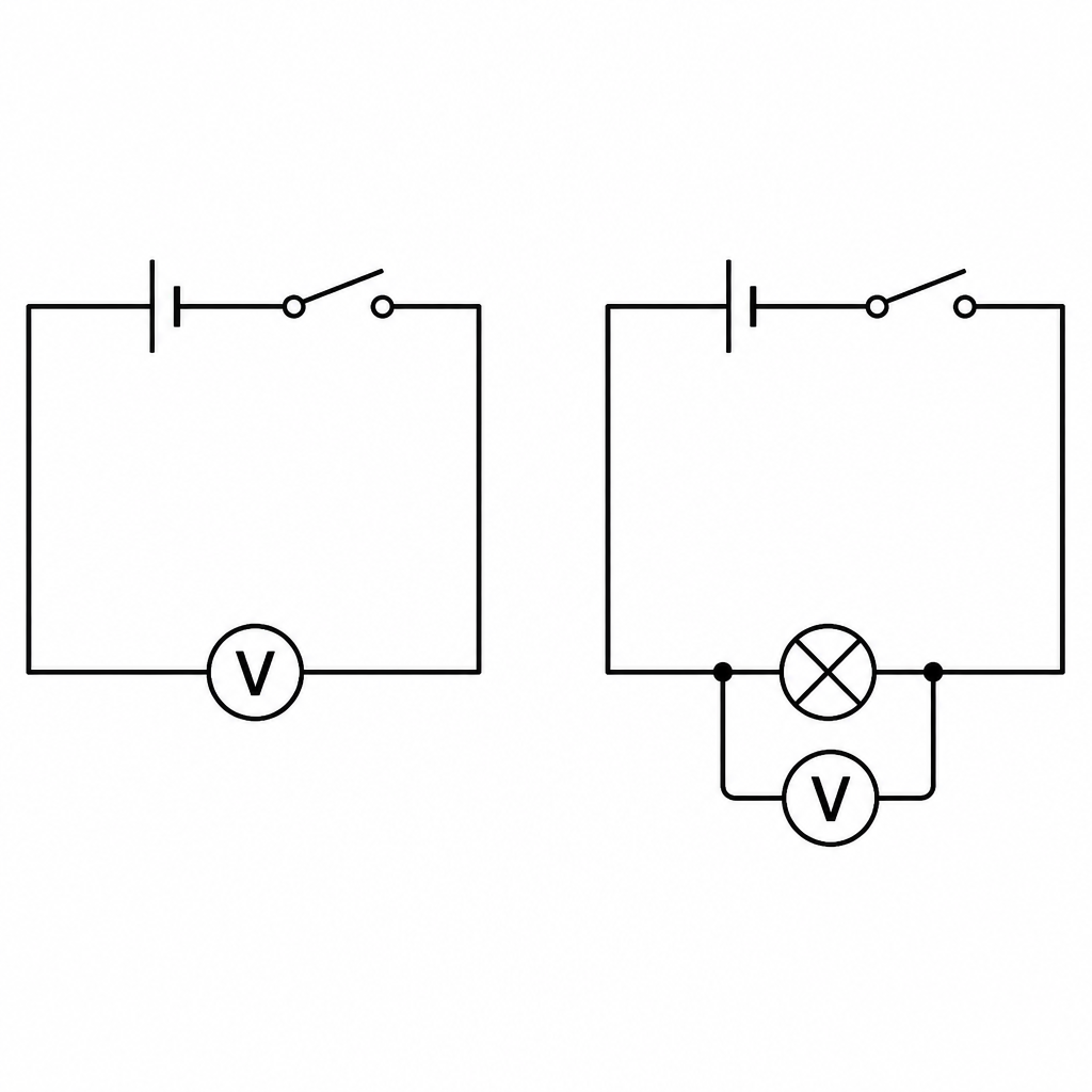 Left: a voltmeter joined straight across the cell measures its e.m.f. Right: a voltmeter joined in parallel with the bulb measures the p.d. across the bulb.