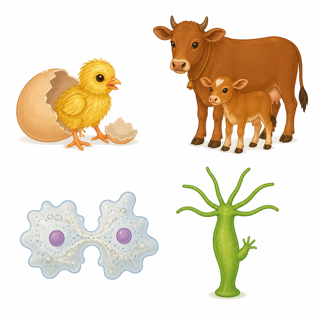 Some animals lay eggs, some give birth to live young, and the simplest ones just divide their own body in two.