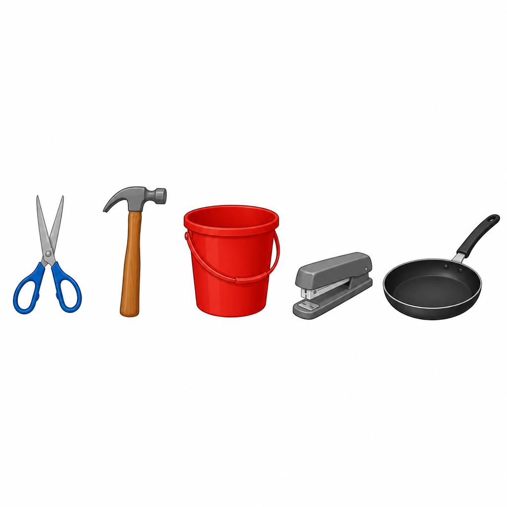 Scissors, a hammer, a bucket, a stapler and a frying pan: name each one and say what it is used for.