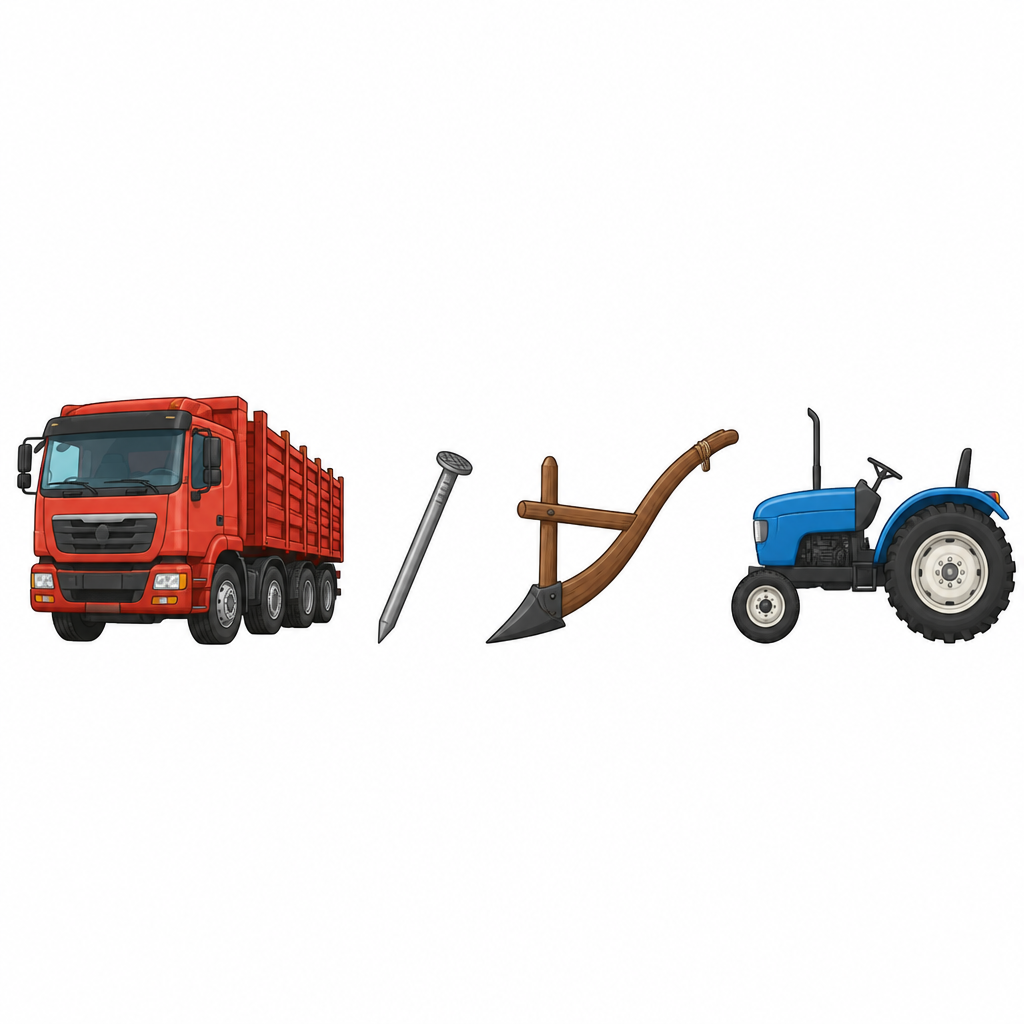 Things built around pressure: a heavy goods truck, an iron nail, a plough and a tractor.