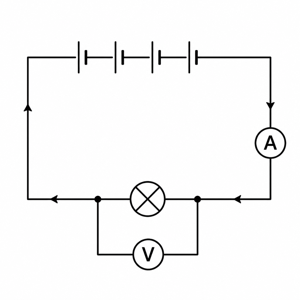 The circuit for testing Ohm's law: cells, bulb and ammeter in series, with the voltmeter connected across the bulb.