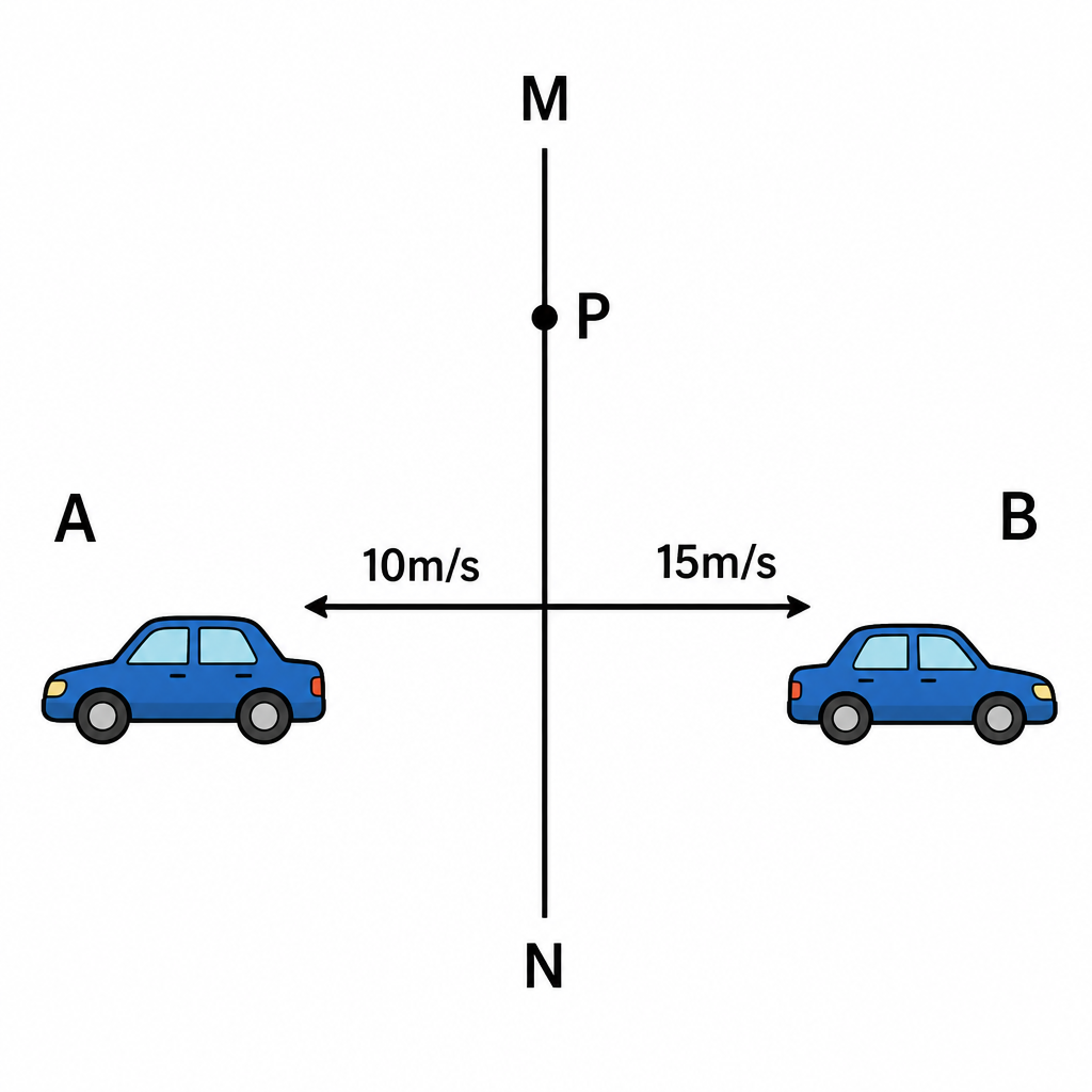 The point P on the reference line MN. Only by comparing with this point can you say which way and how fast car A and car B are travelling.