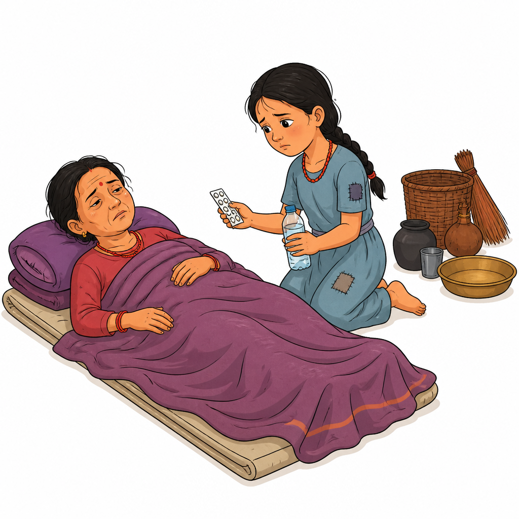 औषधी र पानी लिएर लडिरहनुभएकी आमाको छेउमा बसेकी चमेली, जसबाट कथा सुरु हुँदाको घरको अवस्था बुझिन्छ।