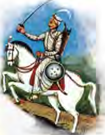 An artist's picture of the king as a warrior on horseback, sword raised.