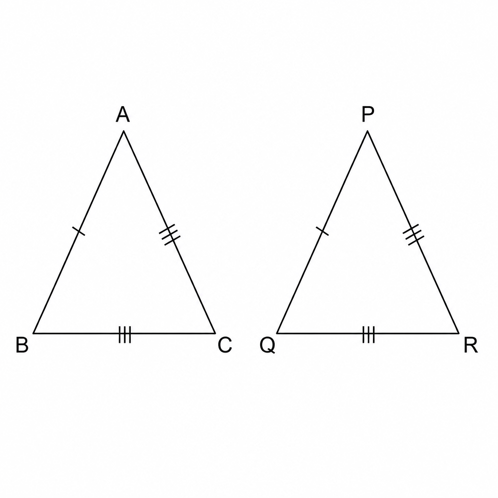 Matching tick marks show which side of one triangle equals which side of the other.