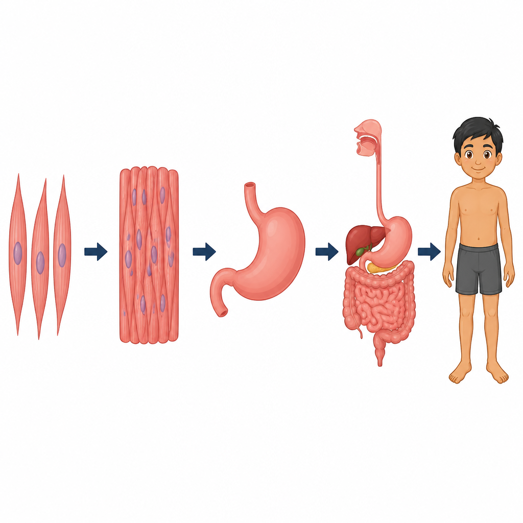 The five levels from cell to whole body: cell, tissue, organ, organ system and body. Each level is made out of the one before it.