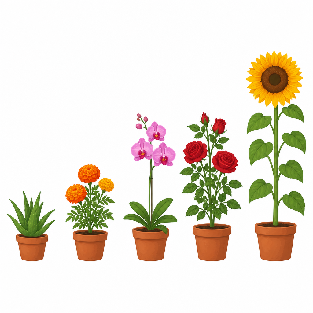 Five potted plants set out from shortest to tallest, with the plant in the exact middle standing for the median