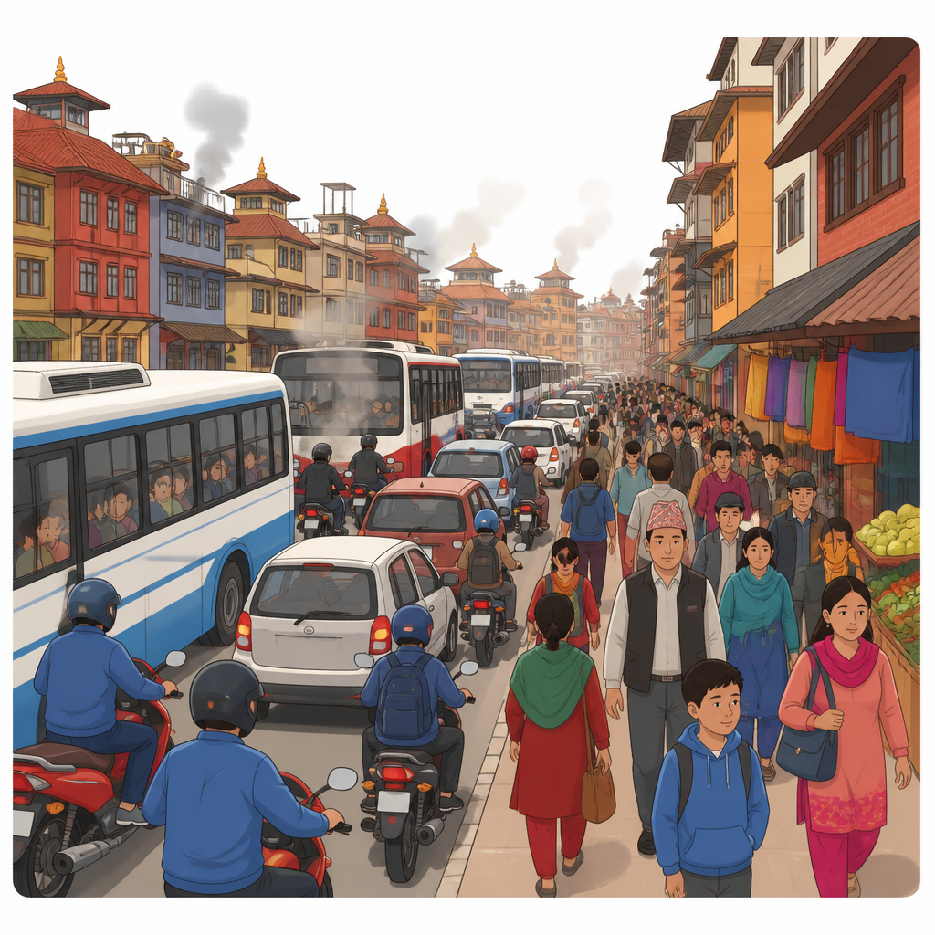 गन्तव्य स्थानमा जनसङ्ख्या बढ्दा देखिने गाडीको बाक्लो लाइन, भिडभाड र धुवाँधुलो।
