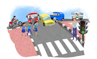 People cross the busy road at the zebra crossing while the traffic police officer keeps watch.