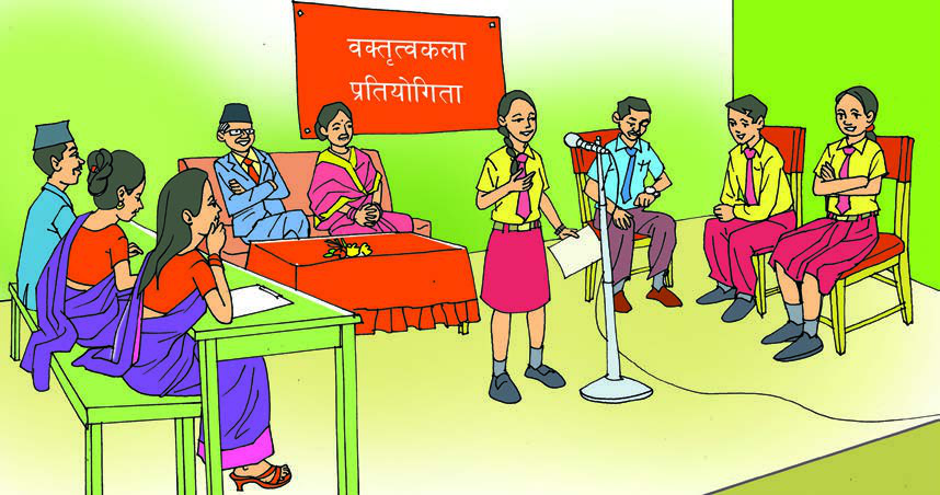 मञ्चमा कार्यक्रमका अध्यक्ष र प्रमुख अतिथि, देब्रे छेउमा निर्णायक र दाहिने छेउमा पालो पर्खेका प्रतियोगी । वक्तृत्वकला प्रतियोगिताको मञ्च यसरी मिलाइएको हुन्छ ।