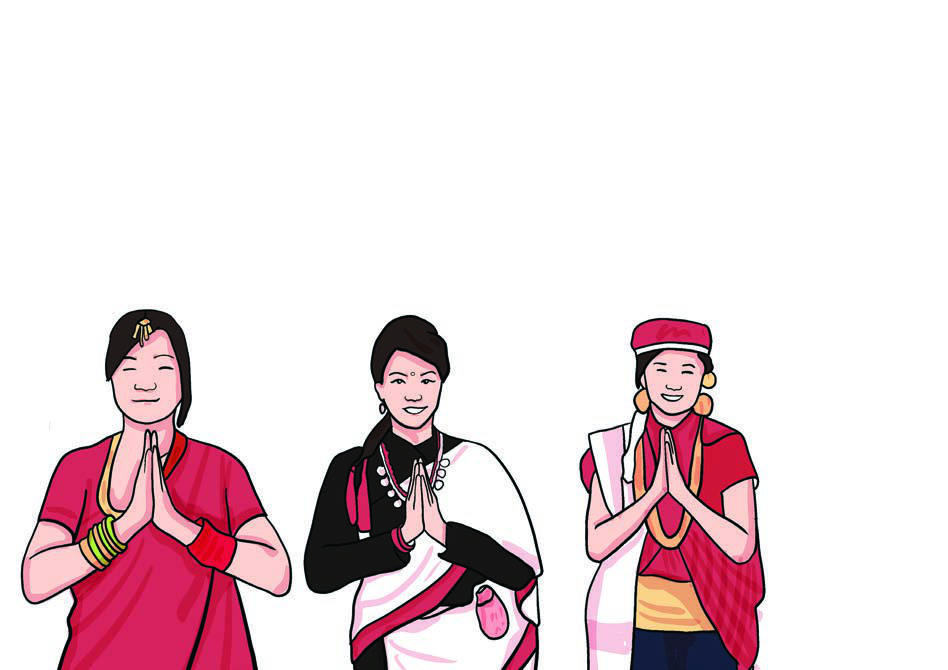 The dress changes from community to community, but the folded hands say the same greeting.