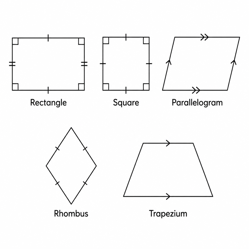 The five quadrilaterals shown side by side, each with its equal sides and right angles marked.