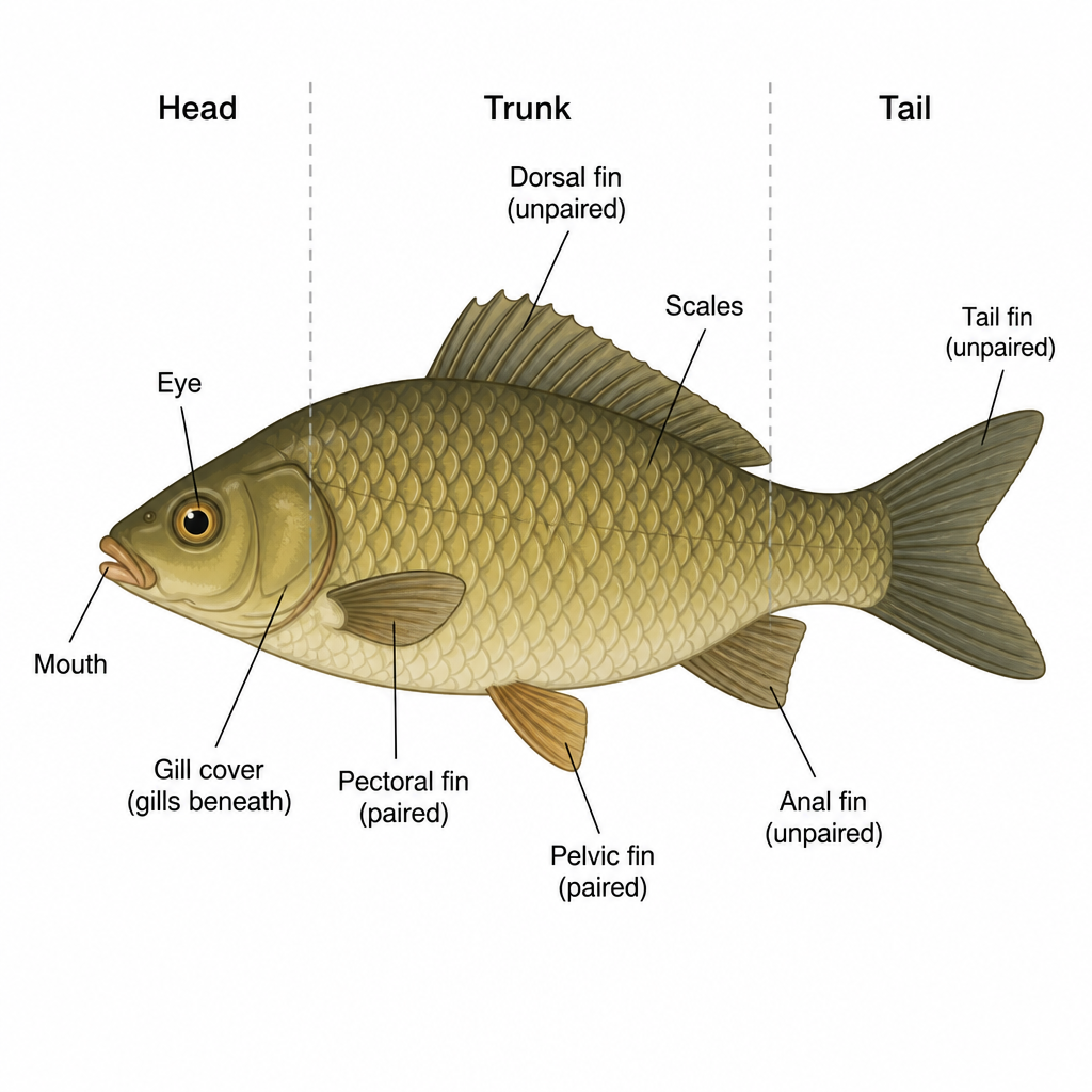 External parts of a fish: scales, gill cover, paired fins and unpaired fins