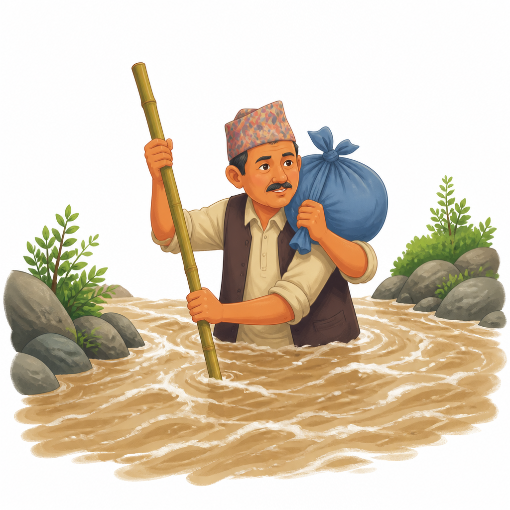 कम्मरभन्दा माथि पानी आएको खोलामा लट्ठीको सहारा लिएर तर्दै गरेको मान्छे देखेपछि मात्र गाउँलेले पुल किन माग्दै छन् भन्ने बुझिन्छ।