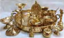 Worship articles, lamps and water pots made of brass, the alloy of copper and zinc.