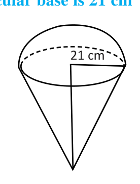 The ice cream: a hemisphere on a cone, with a circular top of radius 21 cm.