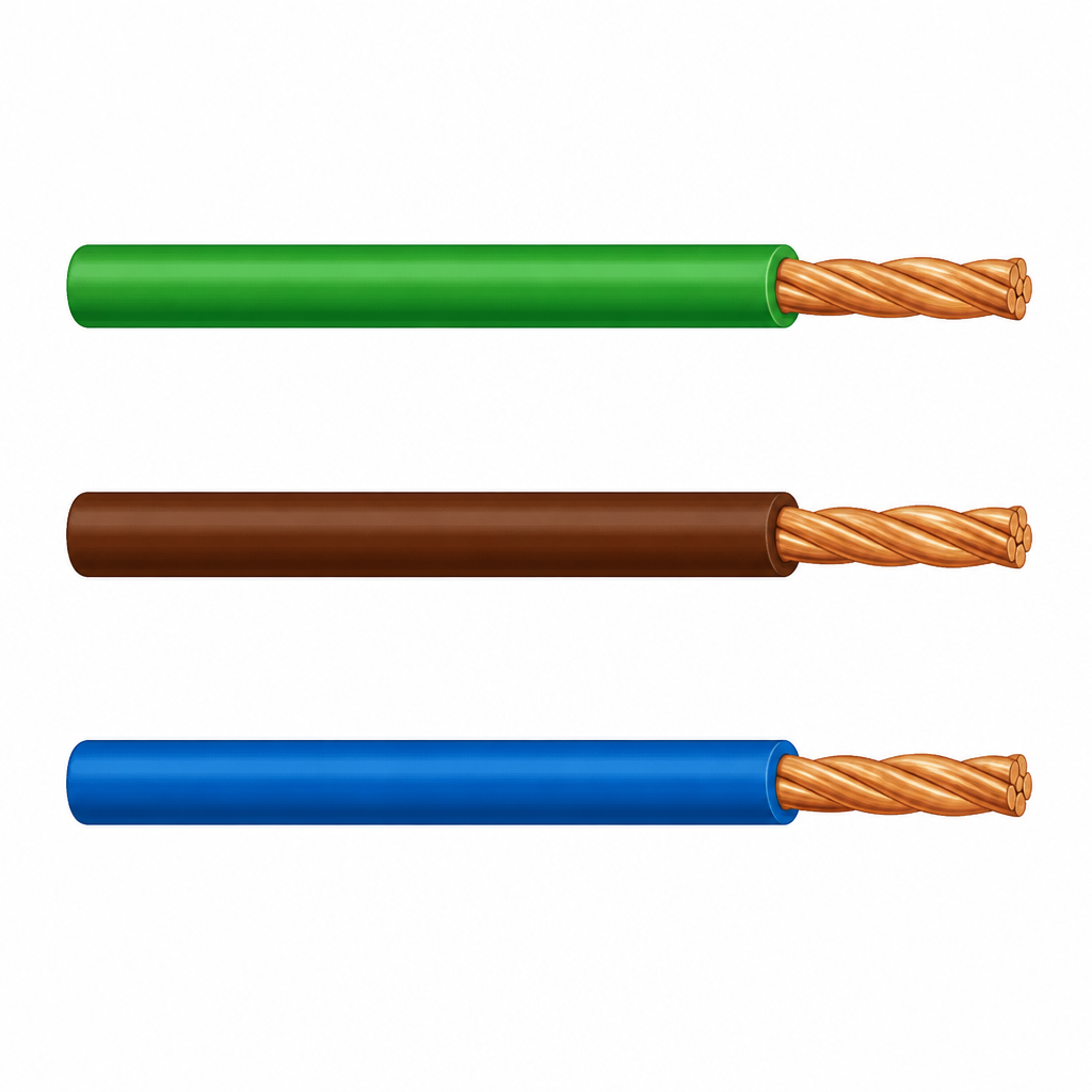 The earthing wire is green, the live wire is brown or red, and the neutral wire is blue or black.